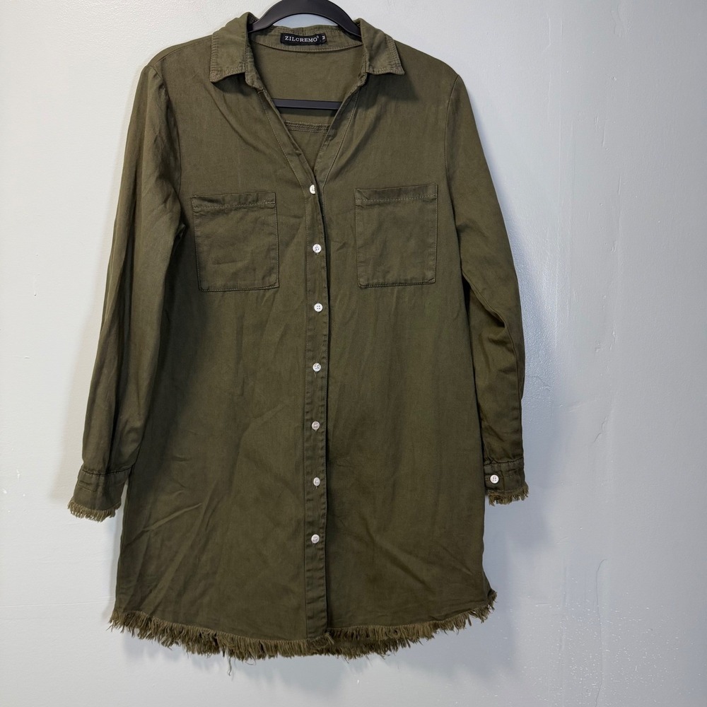 Zilcremo Womens Olive Green Long Sleeve Frayed Hem Shirt Dress Size Medium
